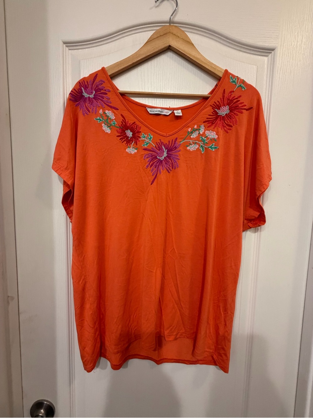 Isaac Mizrahi Live Orange Floral Embroidered V-Neck Top Size S A232232